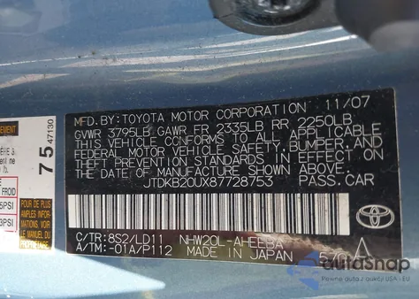 2008 Toyota Prius z USA, uszkodzony, nr VIN JTDKB20UX87728753
